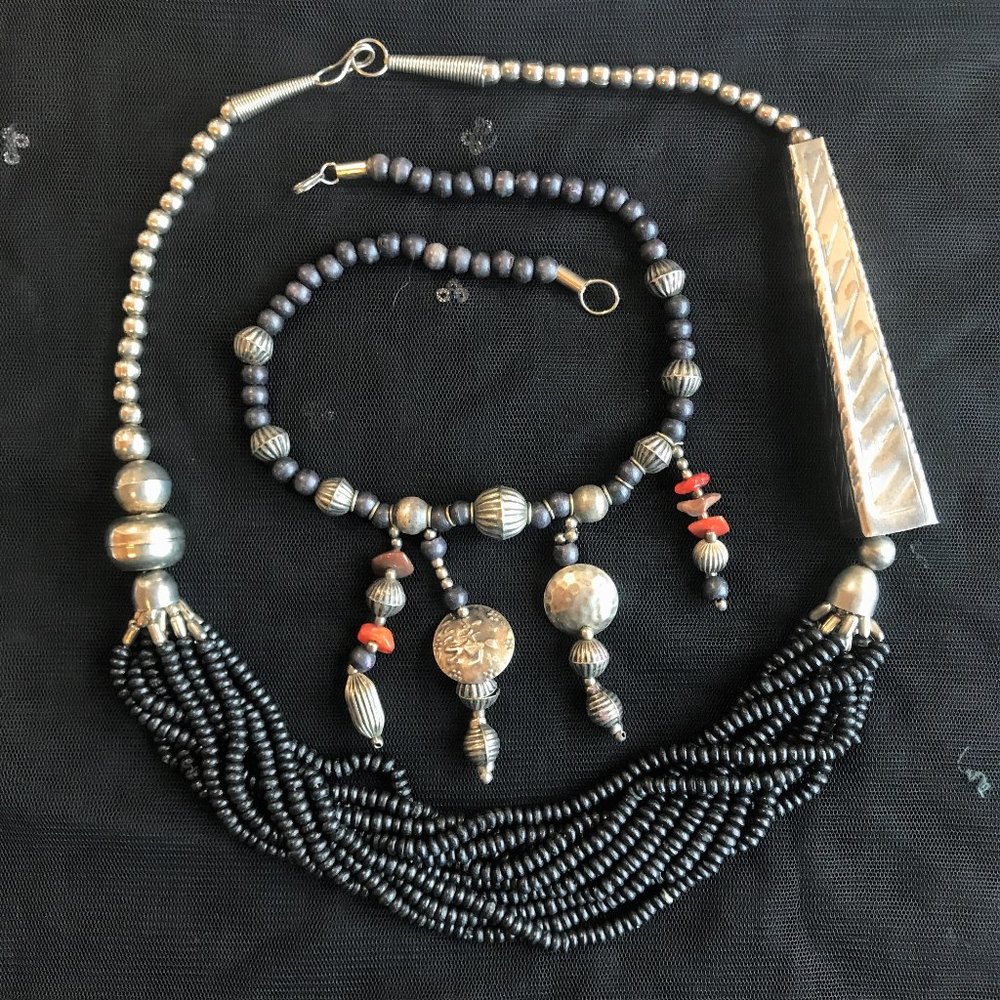 2 x Ethnic Exotic Multistrand Necklace Dyed Buffalo Bone Carnelian Silver Tone